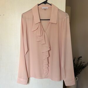 Calvin Klein Women's Blouse in Light Blush Pink with Ruffle Front- Size Medium
